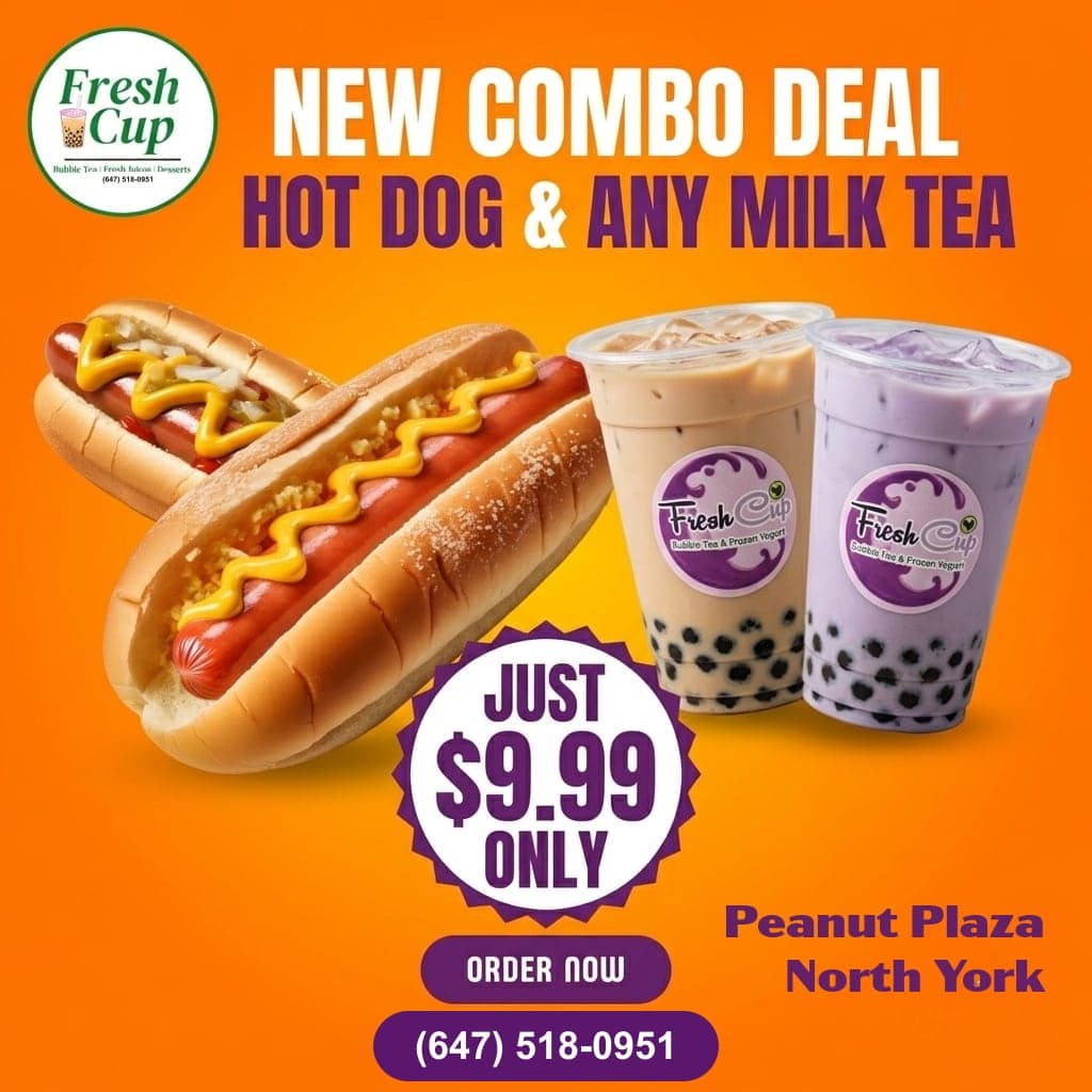 Fresh Cup Bubble Tea & Café Hot dog + any milk tea combo for $9.99